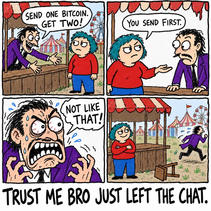 A four-panel comic meme about cryptocurrency trading scams, depicting a deal gone wrong with text 'SEND ONE BITCOIN. GET TWO!' and 'YOU SEND FIRST.', ending with the scammer shouting 'NOT LIKE THAT!' and running away, captioned 'TRUST ME BRO JUST LEFT THE CHAT.'