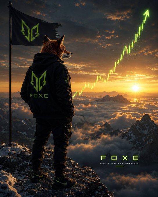 A promotional-style image featuring a fox-headed humanoid figure in a black FOXE hoodie standing on a snowy mountain peak at sunset, alongside a rising green chart and the text 'FOXE - FOCUS. GROWTH. FREEDOM.'