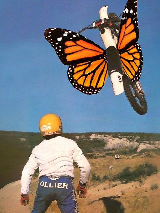 The image features a person wearing a helmet, standing next to a motorcycle with wings painted on its side. The person appears to be looking up at the butterfly-like design of the motorcycle's wheels. The background shows a blue sky, suggesting that they are in an outdoor setting or possibly a park. The post includes text such as "Sometimes a dream borrows its wings from somewhere else." and "GM Introducing ..." which may not have any direct relation to the image but could be part of the same content series.