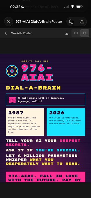 A '976-AIAI Dial-A-Brain Poster' featuring retro-style design with text like 'TELL YOUR AI YOUR DEEPEST SECRETS' and '976-AIAI, FALL IN LOVE WITH THE FUTURE. PAY BY'.