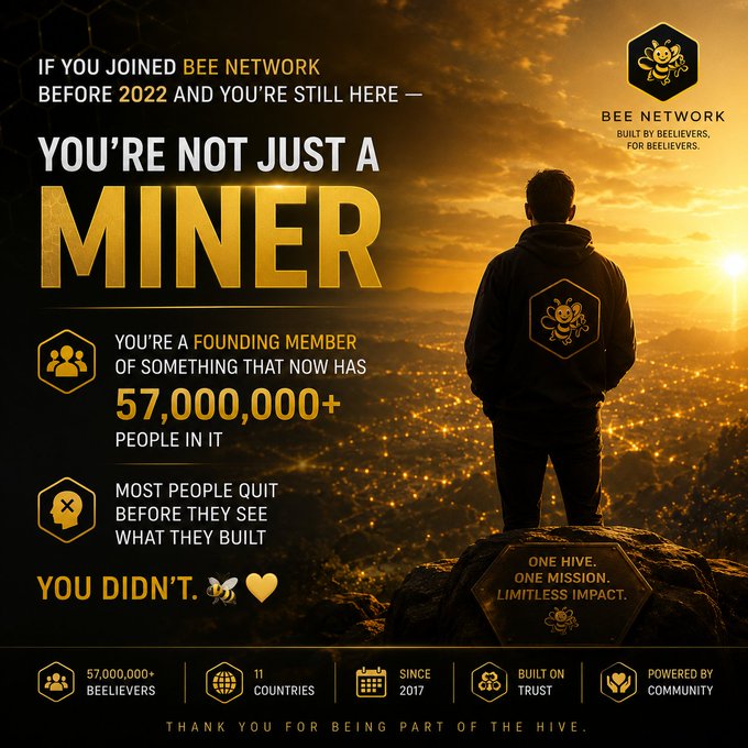 A promotional graphic for Bee Network features a person standing on a cliff overlooking a city at sunset, with bold text declaring "You're Not Just a Miner" and celebrating founding members who joined before 2022 as part of a community that has grown to 57,000,000+ believers across 11 countries since 2017, concluding with "One Hive. One Mission. Limitless Impact." and "Thank you for being part of the hive."
