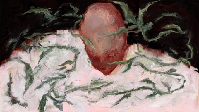 The painting depicts an abstract figure rendered in brown tones, with its head bowed and surrounded by or consumed by sprawling green vine-like tendrils against a pinkish-white background and dark upper void, visually conveying the post's "gM" (GMO) reference through imagery of nature overtaking humanity.