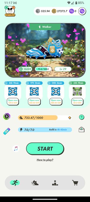 A screenshot of a mobile game showing a 'Walker' car with stats like 16680 and Lv 29, featuring currency counters ($25.94 and 27272.7) and timers for 25h 7min, 97h 12min, 120h 16min, and 25h 19min above a START button.