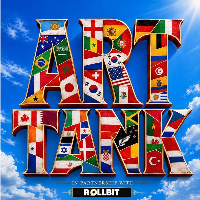 The image displays bold, 3D-style letters spelling "ART TANK" filled with various international flags against a blue sky background, with the text "IN PARTNERSHIP WITH ROLLBIT" at the bottom. This visual supports the post's announcement of a Tuesday #ArtTank collaboration with Rollbit, where artists showcase their work and collectors can discover pieces to acquire.