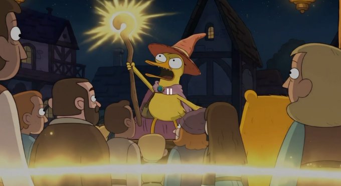 Animated scene from The Simpsons showing a duck character dressed as a wizard in a red hat and robe, holding a glowing staff, surrounded by villagers at night.