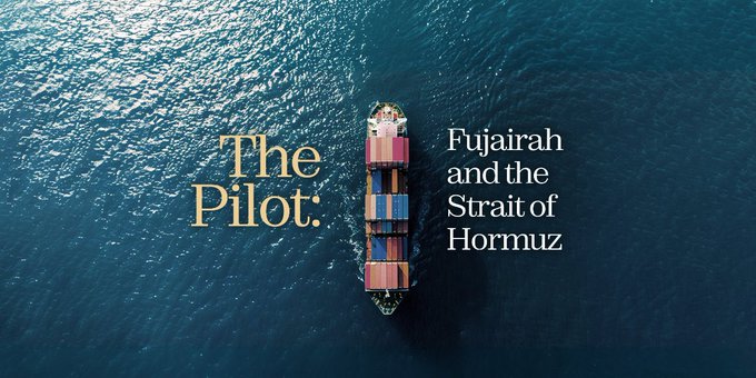 An aerial view of a cargo ship at sea with the text 'The Pilot:' and 'Fujairah and the Strait of Hormuz'.