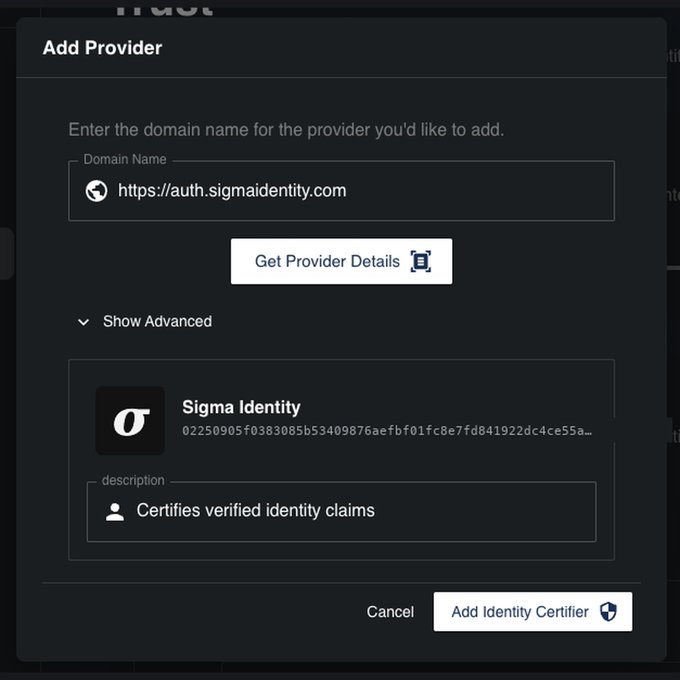 A screenshot of a 'Add Provider' dialog box for adding an identity certifier, with the domain 'https://auth.sigmaidentity.com' entered and 'Sigma Identity' shown with a description reading 'Certifies verified identity claims'.