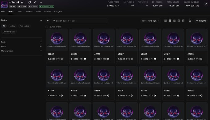 A cryptocurrency marketplace shows a collection called "shintank" with a floor price of 0.0002 ETH and 2,433 items, all displaying a suspicious red-eyed character NFT marked "Contract not available yet." The warning context aligns with the image, as the listing appears to be a scam where the smart contract is inaccessible, preventing actual transactions despite appearing active.