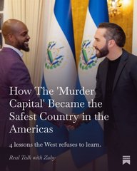 The image shows two men smiling in front of El Salvadoran flags, with overlaid text reading "How The 'Murder Capital' Became the Safest Country in the Americas - 4 lessons the West refuses to learn" from a "Real Talk with Zuby" podcast episode. The accompanying post from Zuby connects to the image by promoting Bitcoin Histórico, suggesting that El Salvador's safety transformation has created an ideal environment for Bitcoin development and innovation in the country.