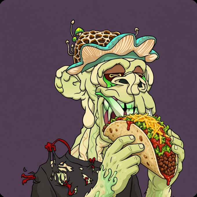 A digital illustration of a grotesque, zombie-like creature with green slime, multiple eyes, and mushrooms on its head, devouring a large taco.
