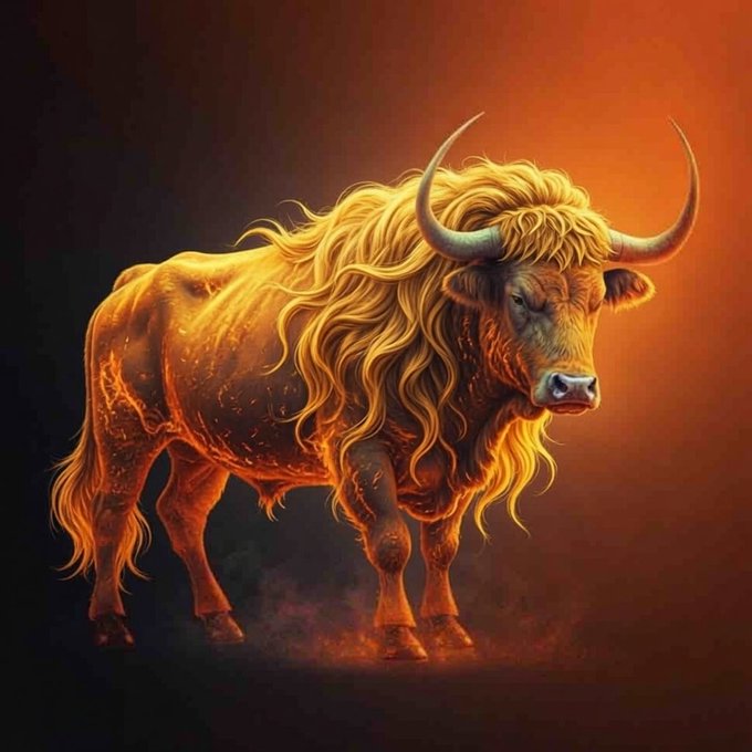 A glowing golden bull with long flowing hair and large curved horns stands dramatically against a dark, warm orange background.