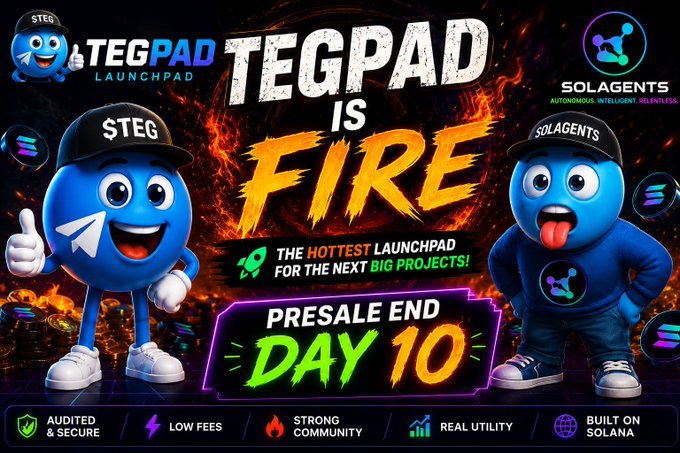 The image features a promotional poster for a video game called "Tegpad" that has been released by Solan Agents. The poster showcases two cartoon characters, one blue and one orange, standing next to each other with their arms raised in victory. They are wearing hats and sunglasses, adding to the fun and excitement of the scene.

The poster also includes text that reads "Tegpad is Fire", indicating the game's title and theme. It mentions a presale event for the game on June 10th, which has already generated a lot of interest among gamers. The poster emphasizes the importance of securing your allocation before launch to join the next generation of players in this exciting gaming experience.