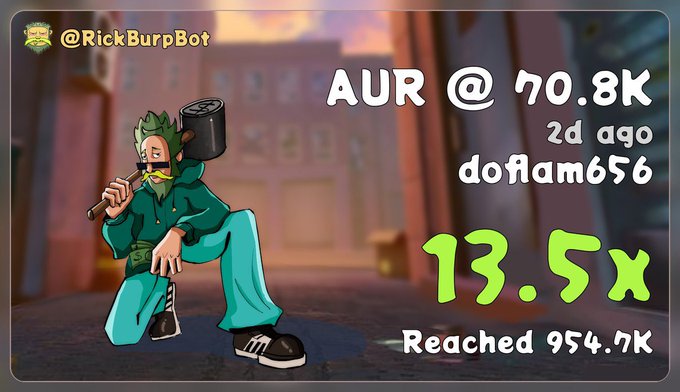 A graphic showing a cartoon character with a hammer, labeled '@RickBurpBot', displaying text 'AUR @ 70.8K', '2d ago doflam656', '13.5x', and 'Reached 954.7K'.
