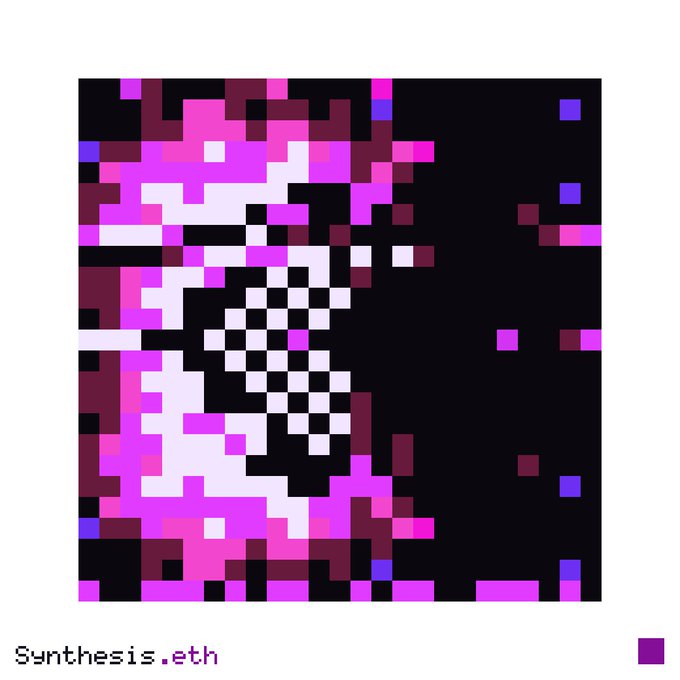 A pixel art image with pink, purple, white, and black squares forming an abstract design, labeled "Synthesis.eth" at the bottom with a small purple square in the corner.