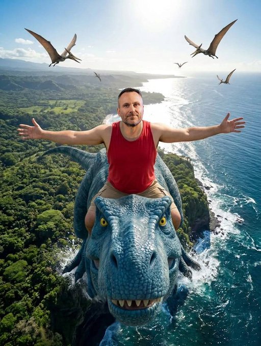 An AI-generated fantasy image shows a man in a red tank top with outstretched arms riding a blue dinosaur flying over a lush coastal landscape with pterodactyls.