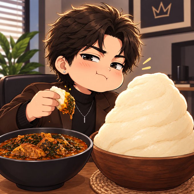 A cartoon-style illustration of a young man with a puffed-out cheek, holding a piece of food, sitting at a table with a bowl of soup and a large mound of white rice or dough.