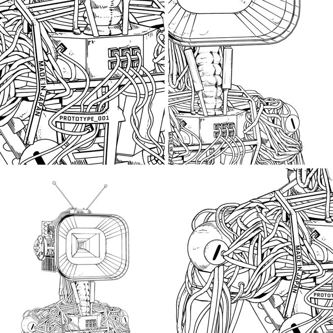 Black and white line art illustrations of complex mechanical or robotic structures with tangled wires, labeled 'MADE IN JAPAN' and 'PROTOTYPE_001'.