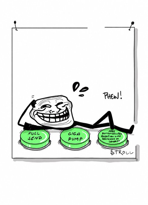 The image features a cartoon of a person sitting on three green buttons that are labeled "Full Send", "Giga Pump", and "Phew!". The person appears to be smiling, indicating they are happy or amused by something related to these buttons. The caption above the image reads "GM Memes may be down today, but this gives us an excellent entry to DCA Lines up perfectly with $TROLL DCA Tuesday". This suggests that the post is about a meme featuring the person sitting on the buttons and possibly referencing a specific meme or joke related to the buttons.