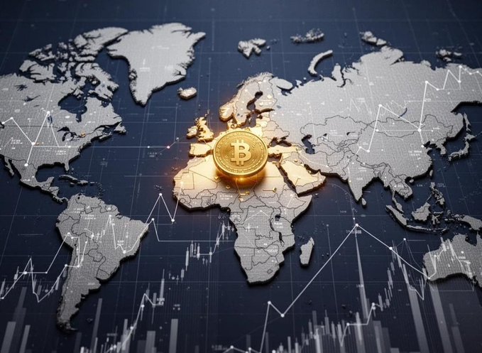 A glowing Bitcoin coin rests atop a 3D world map overlaid with candlestick charts and trend lines, visually reinforcing the post's message of BTC's resilient $64K hold above amid global uncertainty. The illuminated coin at the center symbolizes Bitcoin's role as a focal point of worldwide market attention and long-term conviction.