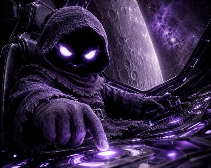 A hooded figure with glowing purple eyes pressing a button on a control panel, with a moon and stars visible in the background.