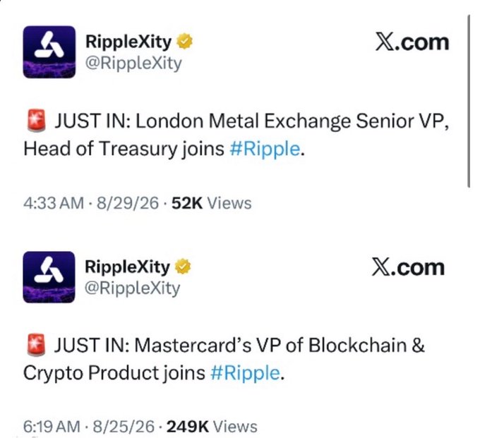 The image shows two tweets from @RippleXity announcing major hires at Ripple: the London Metal Exchange's Senior VP and Head of Treasury joining Ripple (8/29/26, 52K views), and Mastercard's VP of Blockchain & Crypto Product joining Ripple (8/25/26, 249K views). These high-profile traditional finance recruitments support the post's claim about XRP's growing institutional credibility, particularly given the LME hire's relevance to Ripple's tokenized commodities ($XAUa gold and $XAGa silver).