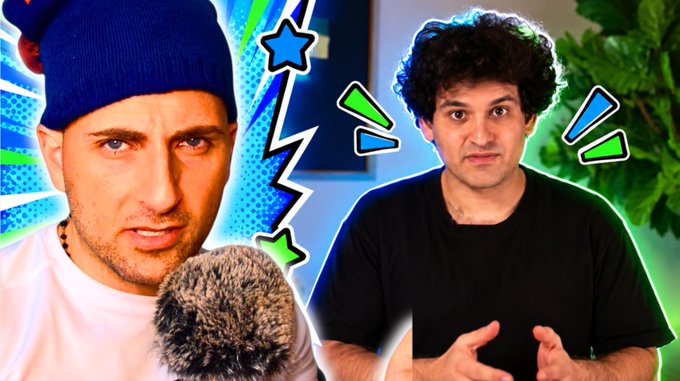 A thumbnail-style image of two men, with the man on the left holding a microphone against a comic-style background with lightning and stars.