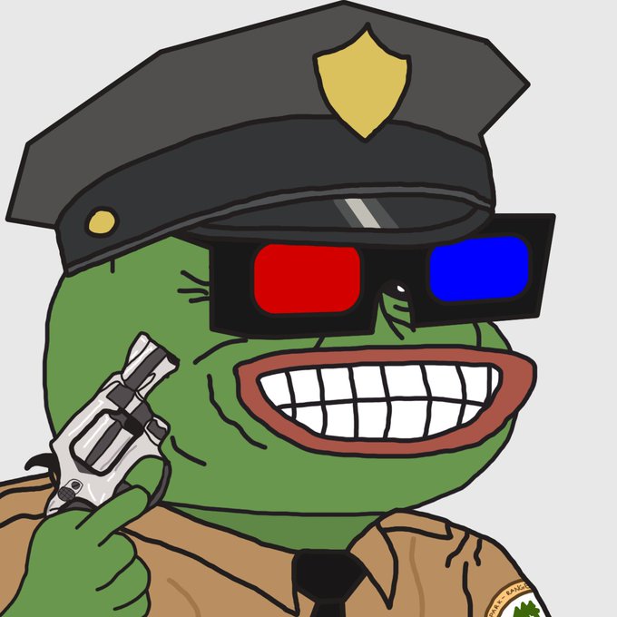 A cartoon green Pepe frog character dressed as a park ranger with a police hat, red and blue 3D glasses, holding a gun.