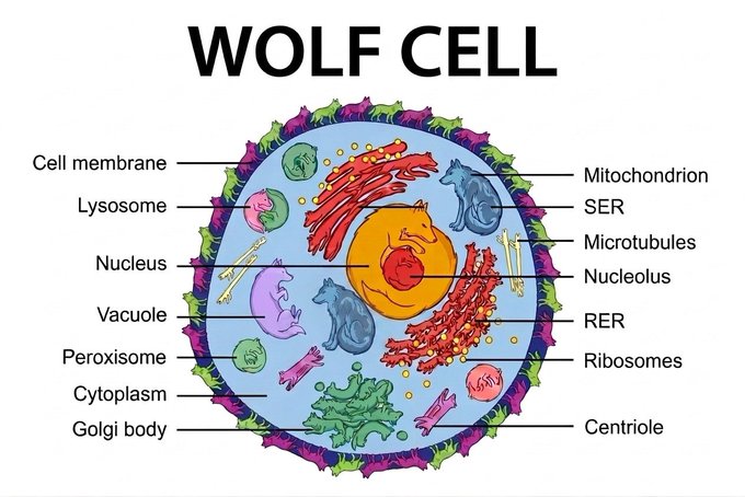 An educational diagram labeled 'WOLF CELL' with wolf illustrations instead of typical animal cell organelles, labeling parts like nucleus, mitochondria, and Golgi body.