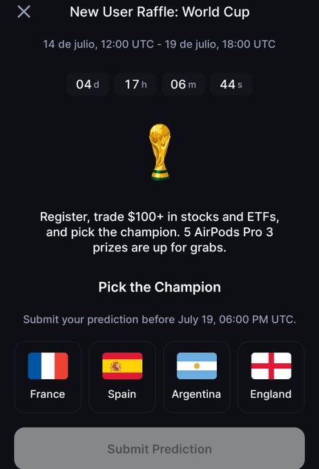 A promotional screen for Backpack's "New User Raffle: World Cup" running from July 14 (12:00 UTC) to July 19 (18:00 UTC), with a countdown showing 04 days, 17 hours, 06 minutes, and 44 seconds remaining. The campaign invites users to complete KYC, trade $100+ in stocks/ETFs, and predict the World Cup champion from four flag options (France, Spain, Argentina, England) to win one of five AirPods Pro 3 prizes.