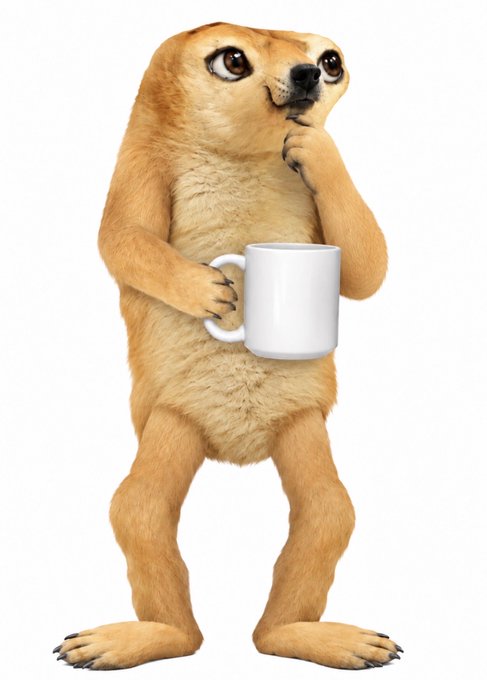 A 3D rendered anthropomorphic meerkat standing upright, holding a white mug in one hand and resting the other on its chin in a thoughtful pose.