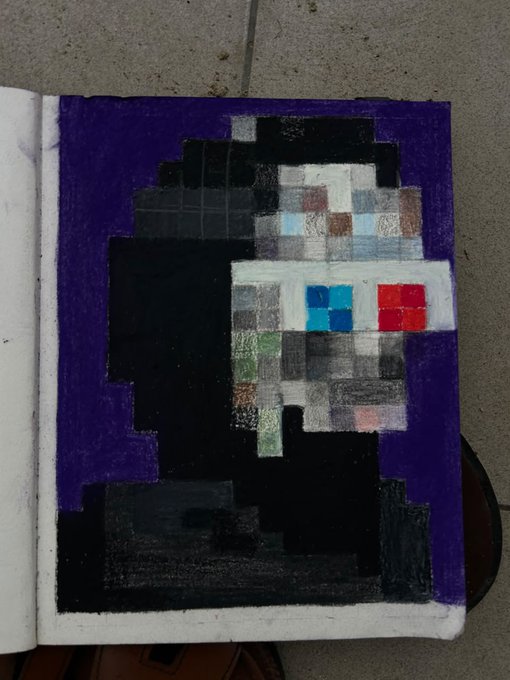 A pixel-art style painting in a sketchbook showing a dark, blocky figure with glowing blue and red pixelated eyes set against a deep purple background.