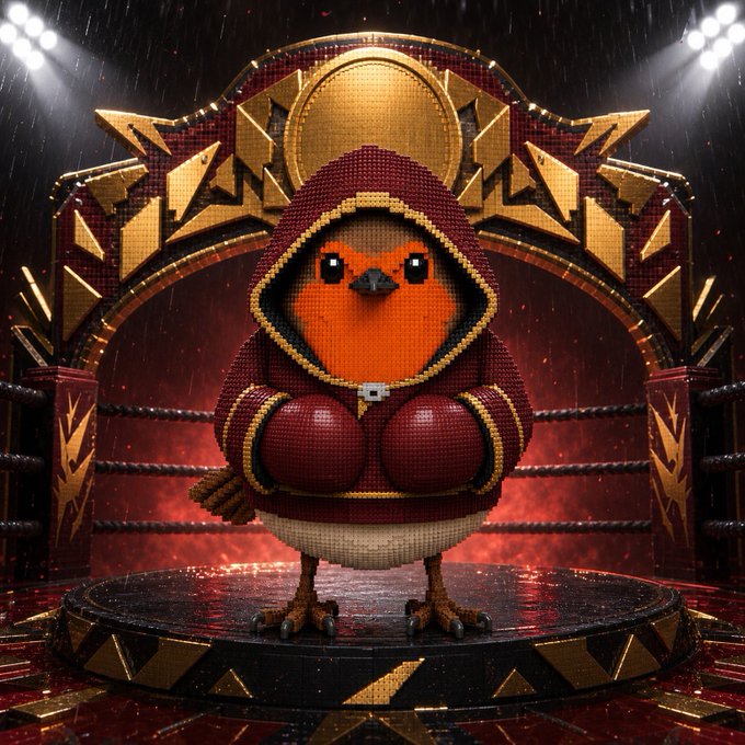 A pixelated robin dressed in a red hooded boxing robe with oversized gloves stands triumphantly on a ring platform, matching the $ROBERT NFT referenced in the post commemorating a fan of the project.
