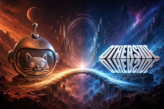 A fantasy artwork for 'OTHERSIDE' featuring a metallic cat-like astronaut helmet in space with portals and cosmic landscapes in red and blue tones.