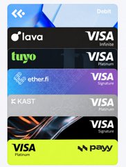 A collection of Visa and Payy crypto debit cards from providers like Lava, KAST, Ether.fi, and Wire, shown in various colors and designs including a limited "Debit" edition. The image visually represents a "Crypto Card Stack" lineup featuring the mentioned crypto card brands.