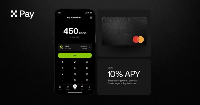 The image shows a promotional graphic for OKX Pay, featuring a smartphone displaying a payment screen with "Pay any contact" and a transaction of 450 USDG, alongside a black textured crypto card with the Mastercard logo and an offer of "10% APY" when funds are added. The visual highlights the OKX crypto card's features mentioned in the post, including cashback rewards for subscription payments and ongoing purchases.