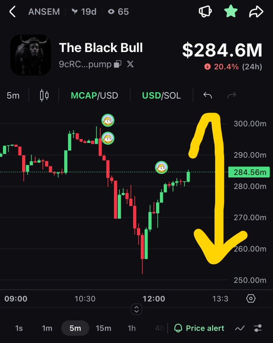 A trading chart shows 'The Black Bull' (ANSEM) token with a market cap of $284.6M, down 20.4% in 24 hours, overlaid with a large hand-drawn yellow downward arrow.