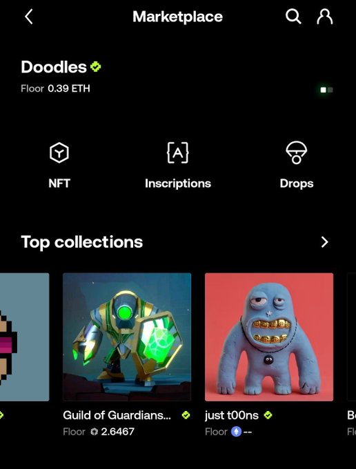 Mobile app screenshot of an NFT Marketplace showing the 'Doodles' collection with a floor price of 0.39 ETH, featuring categories for NFT, Inscriptions, and Drops along with top collections like 'Guild of Guardians' and 'just t00ns'.