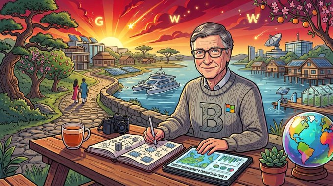 A colorful digital illustration featuring Bill Gates writing in a notebook at a wooden desk. He is surrounded by imagery including a camera, a globe, a laptop displaying charts, a tea cup, and a background landscape showing a couple walking, a yacht, solar panels, and a cityscape with 'G' and 'W' letters in the sky.