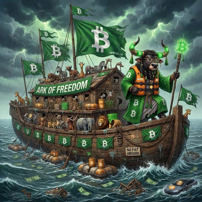 The image features a boat filled with various animals such as elephants, lions, zebras, and horses, all aboard a ship that has been transformed into a Bitcoin-themed vessel. The boat is surrounded by water, and there are several flags on board, including one that says "Ark of Freedom". In the background, there's an illustration of a stormy sky with lightning bolts, which adds to the overall theme of the image.

The post suggests that if Bitcoin never existed, it would be impossible for people to use fiat currency or rely on central banks for financial transactions. Instead, they would have to create their own digital currency and manage their own virtual economies using blockchain technology. The boat in the image serves as a metaphor for this alternative form of currency, with various animals representing different types of virtual assets that can be used for trade and commerce within the Bitcoin network.
