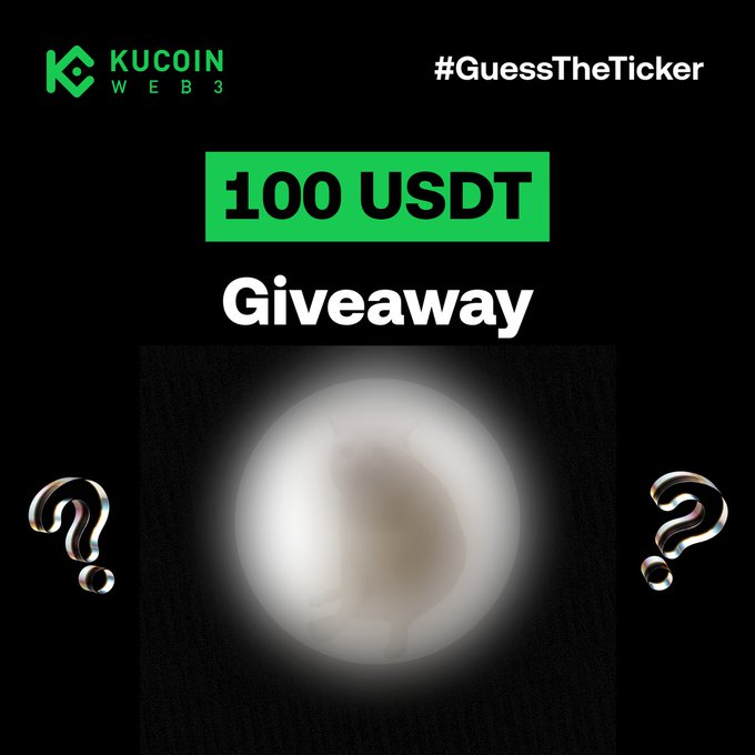A KuCoin Web3 promotional image for a "100 USDT Giveaway" under the #GuessTheTicker campaign, featuring a blurred white/grey circular object flanked by question marks to hint at the mystery memecoin ticker that participants must guess.