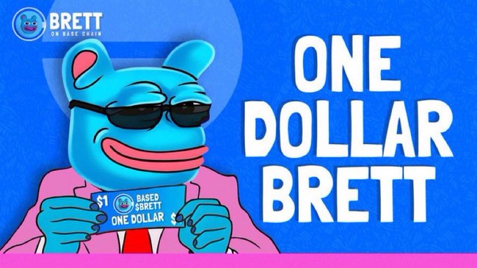 Crypto meme featuring a blue cartoon frog character wearing sunglasses and a pink suit holding a '$1 BASED BRETT ONE DOLLAR' card, with large text 'ONE DOLLAR BRETT' and 'BRETT ON BASE CHAIN' logo.