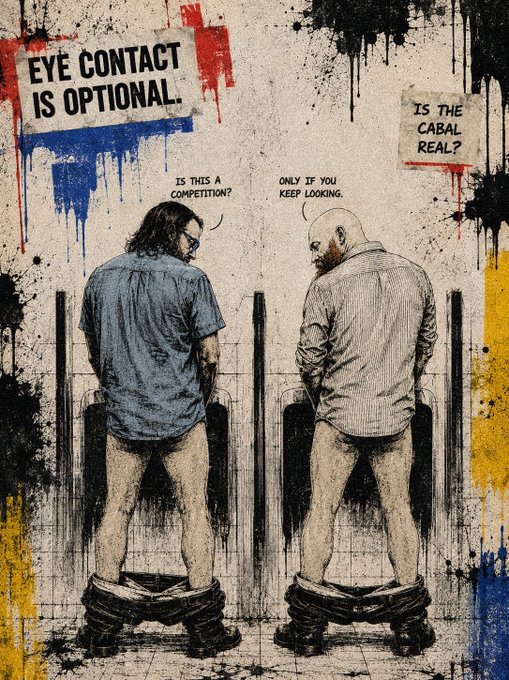 Two men have their pants pulled down around their ankles in public restrooms while they are urinating into urinals. It can be commented upon that the passing glance is due to the proximity of the urinals and it appears that their attempt to avoid eye contact has resulted in them being forced to look at each other in opposing restroom stalls. This suggests that this may be due to a social experiment on how people try to avoid eye contact in public. Additionally, regarding the social media post, the image humorously depicts the debate over the context of the conversation and what is being referred to as the 'Cabal'. The humor could be interpreted as referring to the privacy and personal space boundaries in public restrooms, where the principle is generally to avoid eye contact. Adding a note about the result of the tweet-based bet could give further insight into the intent or query of the creator of the image and their association with the individuals mentioned.