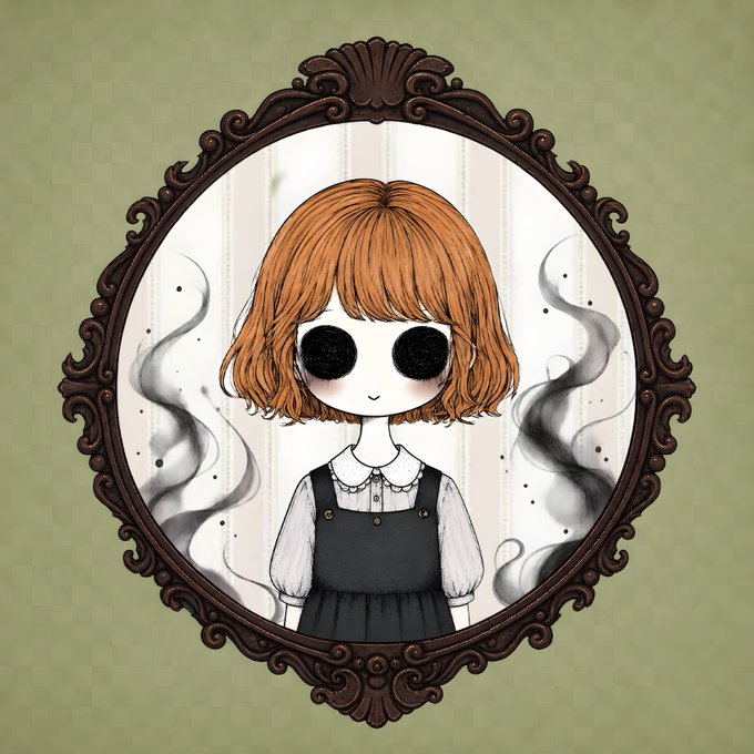 An illustration of a girl with large black button eyes and orange bobbed hair in a gothic oval frame with smoky wisps.