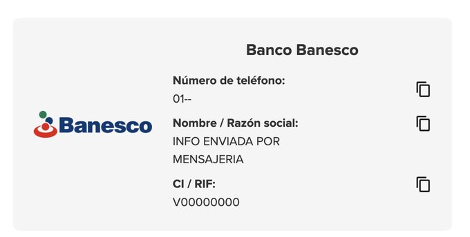 The image shows a contact information form for "Banco Banesco" displaying placeholder/template fields for phone number ("01–"), company name ("INFO ENVIADA POR MENSAJERIA"), and ID/RIF ("V00000000"). This relates to the post's complaint about MercadoLibre making customers manually transfer their data between platforms, as the form shows generic placeholder values rather than actual user information.