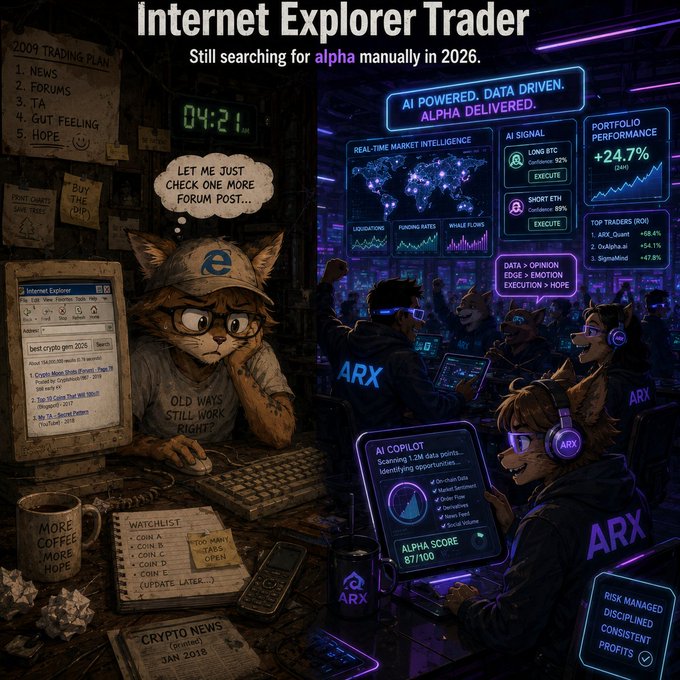 A humorous illustration titled 'Internet Explorer Trader' depicting a cat character in outdated tech on the left versus modern 'ARX' AI-powered traders on the right, with text 'Still searching for alpha manually in 2026.'