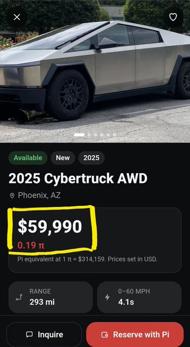 The image shows a listing for a 2025 Cybertruck AWD in Phoenix, AZ priced at $59,990, which equals 0.19 π (with Pi equivalent at 1 π ≈ $314,159). The post ties this display to the Pi Network, suggesting that traditional USD pricing reveals what the market pays but not true worth—implying that Pi's value captures deeper factors like demand, utility, and scarcity ahead of its market recognition.