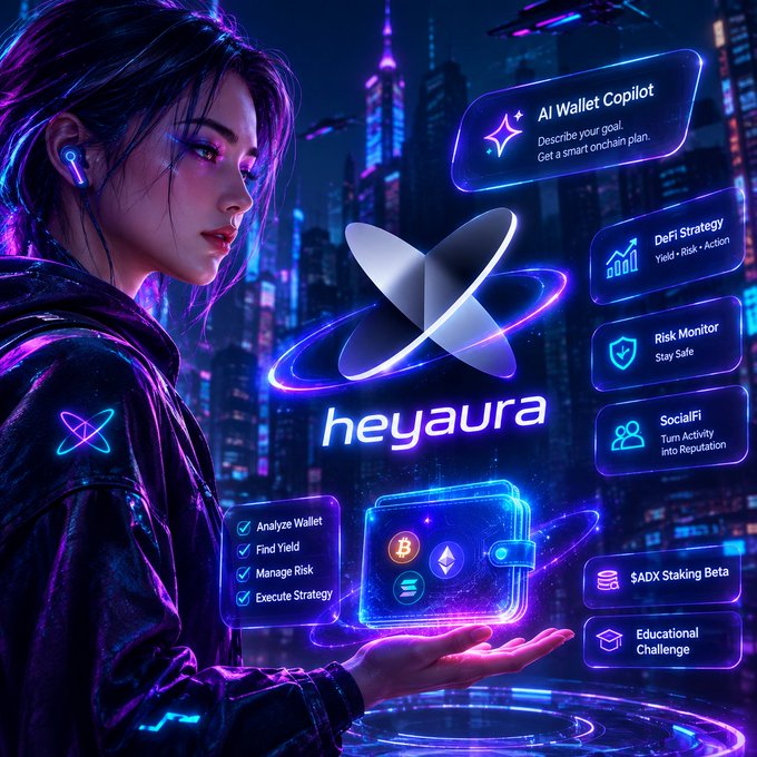 A futuristic cyberpunk-style promotional graphic for 'heyaura', an AI Wallet Copilot featuring a woman holding a digital wallet with cryptocurrency icons.