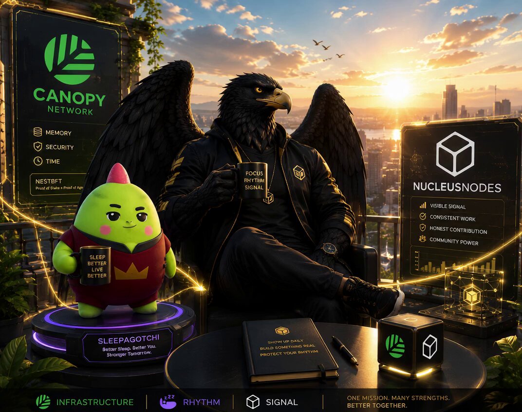 The image features a man sitting at a table with a green toy dinosaur next to him. The background shows a city skyline under a sunset sky. There are also two signs visible, one of which says "Canopy Network".