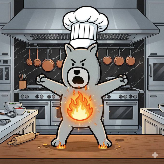 A cartoon illustration shows an angry grey bear character wearing a white chef's hat in a kitchen, with flames bursting from its chest and feet as it stands on a wooden floor.