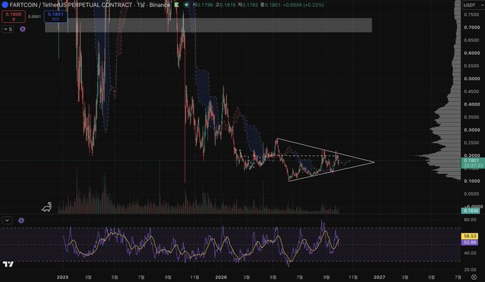 A TradingView candlestick chart for FARTCOIN/TetherUS PERPETUAL CONTRACT on Binance, showing price action consolidating in a symmetrical triangle with the RSI indicator at 50.53 below.